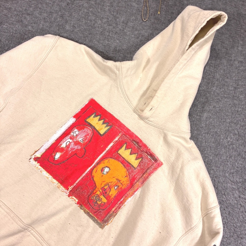Jean-Michel Basquiat Graphic Hoodie Mens Large Beige Skull Art Sleeve Print